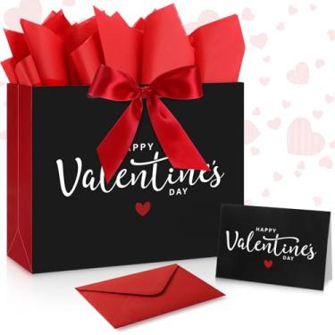 Imagem de Kolldenn 1 pacote de sacos de presente de dia dos namorados com cartões de felicitações de papel de seda, saco de papel de embrulho de presente de dia dos namorados com alças e laço de fita para ele