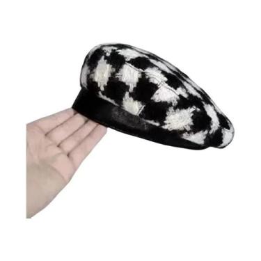 Imagem de Boina Feminina Retrô Xadrez Ajustável Para Inverno E Outono - Chapéu D