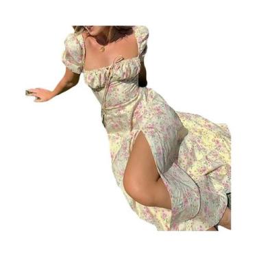 Imagem de Vestido Maxi Floral Feminino Com Mangas Bufantes E Decote Quadrado Aju