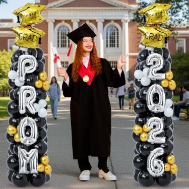 Imagem de Hungdao Conjunto de 2 kits de suporte de coluna de balão de formatura 2026 com 174 balões 2 m kit de suporte de torre de balão preto dourado com base 2026 decorações ajustáveis de formatura para