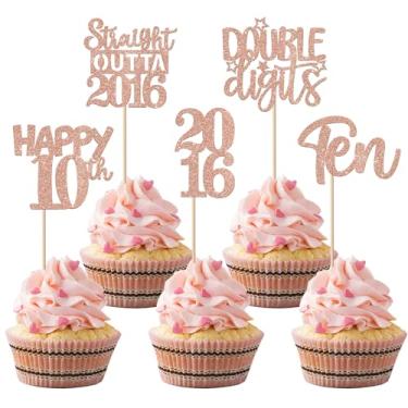 Imagem de 30PCS 10th Birthday Cupcake Toppers Glitter Ten Happy 10th Straight Outta 2013 Cupcake Picks for Cheers to 10 Years 10th Birthday Wedding Anniversary Party Cake Decorations Supplies Rose Gold