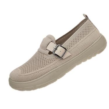 Imagem de Tênis feminino moderno casual de malha grossa para quatro estações plus estilo esportivo sola macia respirável malha cor sólida leve para lazer ao ar livre e interno, Bege, 35