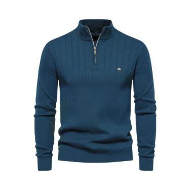 Imagem de Suéter Masculino De Algodão Quente Com Zíper, Gola Alta, Tricotado, Al