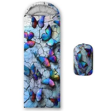 Imagem de QOOMO Sacos de dormir impermeáveis de borboleta de desenho animado para adultos e crianças, sacos de dormir impressos para acampamento, clima quente e frio, leve, viagem e ao ar livre, equipamentos de