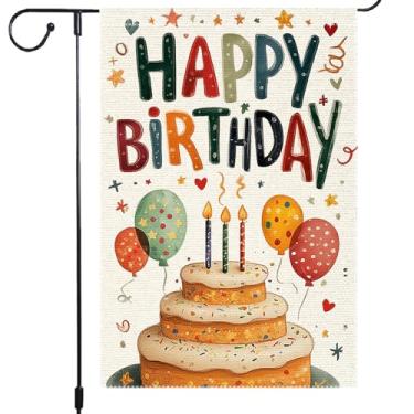 Imagem de Bandeira de jardim de aniversário, 30,5 x 45,7 cm, bandeira de serapilheira dupla face, feliz aniversário, balões coloridos para bolo, velas, confetes, decoração ao ar livre para quintal, pátio