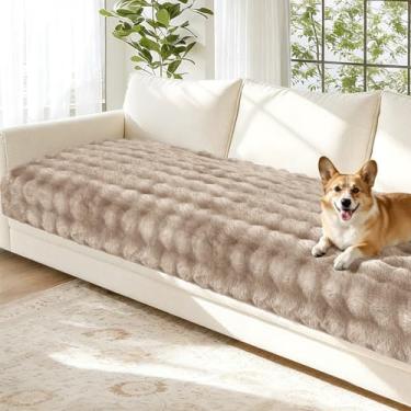 Imagem de Arfntevss Capa de sofá lavável de pelúcia para cães com 3 almofadas para sofá de pele sintética felpuda, 3 assentos, protetor de móveis antiderrapante (Cáqui aveludado, 90 cm x 180 cm)