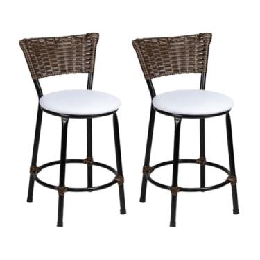 Imagem de Kit de 2 Banquetas Baixas de Junco Chocolate - Fibra Sintética, Ideal para Bar, Cozinha Americana e Espaços Residenciais, Design Prático e Versátil (Branco)