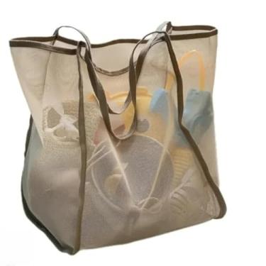 Imagem de Bolsa de praia de malha, bolsa de armazenamento de acampamento de grande capacidade para viagens ao ar livre, bolsa de ombro, Caqui, Fino