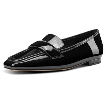 Imagem de TNYNFBEB Mocassins femininos de bico quadrado, salto baixo, couro envernizado, confortável, sem cadarço, para trabalho, Preto, 36