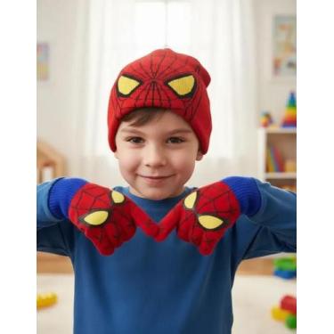 Imagem de Kit Gorro Touca Luva Infantil Desenho Homem Aranha Marvel, Olho amarel