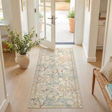 Imagem de jinchan Yarden Tapete Bege Botânico Pássaros 5 x 12 cm para corredor - Lavável Antiderrapante Macio Natureza Plantas Moderno Tapete Vintage Ultra-Fino Pelo Baixo Tapete para Entrada Sala de Estar