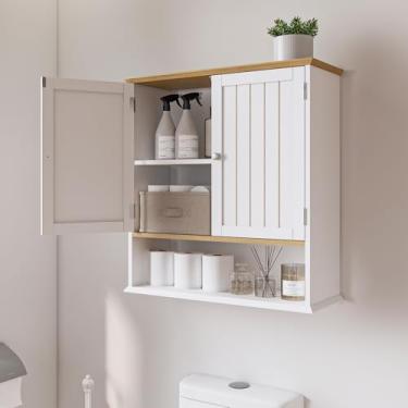 Imagem de Viaozutis Armário de parede de banheiro com 2 portas e prateleira aberta – Armário de remédios para economizar espaço sobre o banheiro, armazenamento de armário de madeira para organização de banheiro