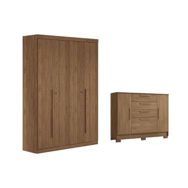 Imagem de Guarda Roupa e Cômoda Solteiro e Closet QC341 4 Portas de Bater 2 Gavetas MDF com Prateleiras e Cabideiro Jatobá