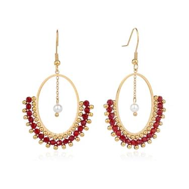 Imagem de TaYolnFaSo Brincos de pérola de cristal boêmio banhado a ouro 18 K oval brincos pendentes de argola boho cristal pérola joia presente para mulheres, Ouro amarelo, Cristal