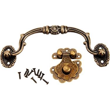 Imagem de Fivela de fecho de ferrolho retrô antigo, 1 peça joia de bronze caixa de madeira fivela de trava de porta + alça de armário de caixa de presente retrô acessórios de móveis botão de hardware retrô
