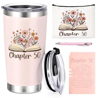 Imagem de Qtencas Presentes de aniversário de 50 anos para ela, capítulo 50 copo isolado de 590 ml com tampa e canudo, bolsa de maquiagem, caderno e caneta esferográfica, presentes legais para mulheres de 50