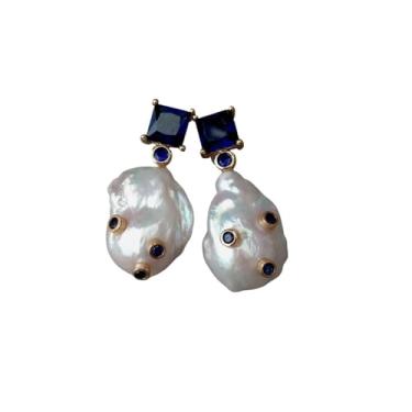 Imagem de DWBPGVUN Brincos quadrados quadrados cravejados de zircônia cúbica azul pérola barroca bnucleada branca cultivada