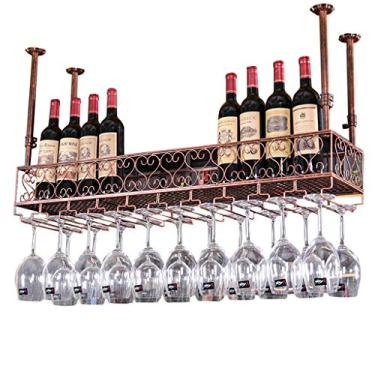 Imagem de Prateleira de parede de metal para bar | Suporte de garrafa de vinho para pendurar na parede com altura ajustável | Suporte de copo de vinho de teto suspenso | Suportes para taças, marrom (marrom 100