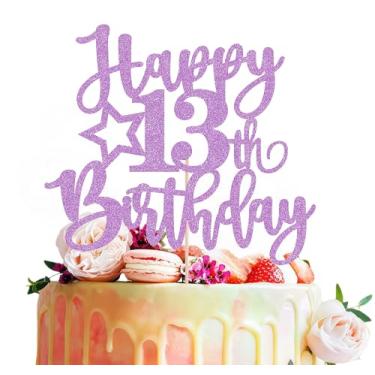 Imagem de MYAMPED Topo de bolo Happy 13th Birthday - Decoração de bolo de aniversário de 13 anos roxo claro com glitter, Cheers to 13 Years Birthday Cake Pick 13 Fabulous Decor, Adereços de cabine de fotos