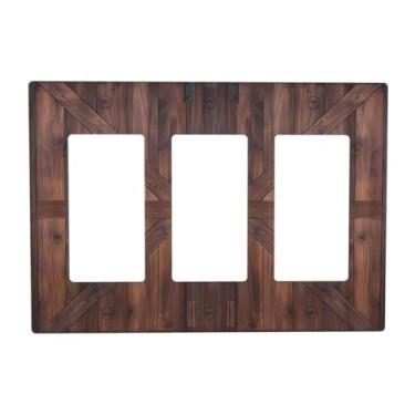 Imagem de Capa de interruptor de luz rústica marrom rústica porta de celeiro prancha de madeira retrô 3 gangues triplo balancim placa de parede decorativa placa frontal para banheiro cozinha quarto decoração