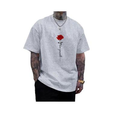 Imagem de Camiseta Masculina De Algodão Casual De Verão Com Estampa De Rosa Verm