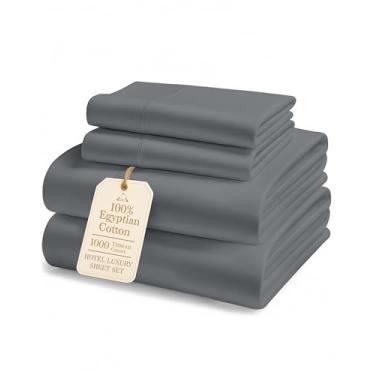 Imagem de Jogo de lençóis Queen Size 100% algodão egípcio – 1000 fios refrescante e respirável, algodão autêntico de fibra longa para suavidade duradoura, ajuste confortável com bolso profundo de 38 cm - carvão