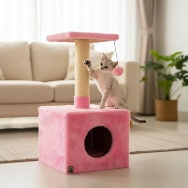 Imagem de Casinha Arranhador Grande para Gatos com Torre em Sisal e Caminha Macia, Casa para Gato com Banco – 75cm(Rosa)