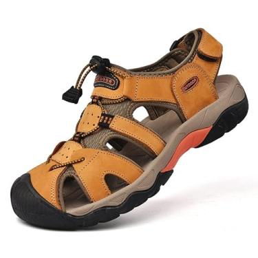 Imagem de kvdrcs Sandálias esportivas masculinas de couro para caminhadas ao ar livre, bico fechado, atlética, leve, verão, caminhada, casual, sapatos aquáticos, Amarelo, 45