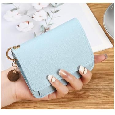 Imagem de Carteira compacta feminina pequena – porta-chaves fofa, bolso com zíper, vários compartimentos para cartão para uso diário, Azul, Retrô