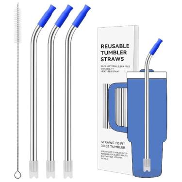 Imagem de Prurex Canudos reutilizáveis de aço inoxidável com ponta de silicone para Stanley 850 g, canudos de metal para copo de 850 g, 3 tubos dobrados e 6 pontas e 1 escova de limpeza (íris)