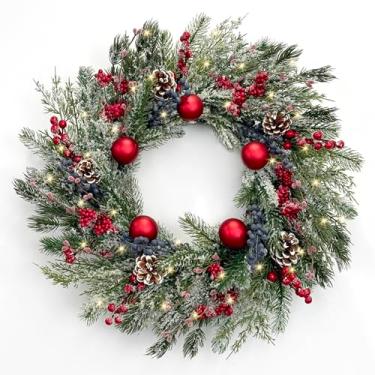 Imagem de TOKCARE Guirlanda de Natal com luzes de 61 cm pré-iluminada para porta da frente com bola vermelha e flocos de neve, decoração de Natal para lareira, decoração de Natal