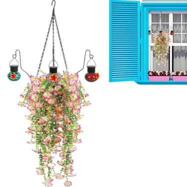 Imagem de Plantas artificiais ao ar livre – Flores falsas coloridas ao ar livre com alimentador de pássaros | Plantas artificiais para porta de primavera, pátio, parede, gazebo e