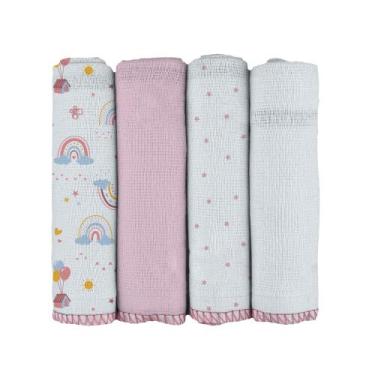 Imagem de Pano de Boca para Bebê 34cm x 34cm Bublim - Petit, Arco Íris Rosa