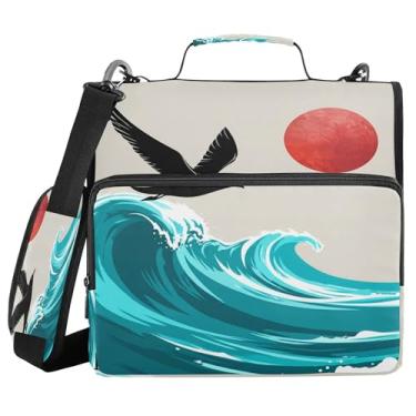 Imagem de SEHANY Fichário japonês Seawave com alça de ombro, capacidade para 500 folhas, vários bolsos, 3 cm, 3 anéis Trapper Keeper