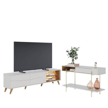 Imagem de Rack Bancada Amalfi com Pés em Madeira e Aparador para Sala Sena Off White Matte Freijó  - Colibri