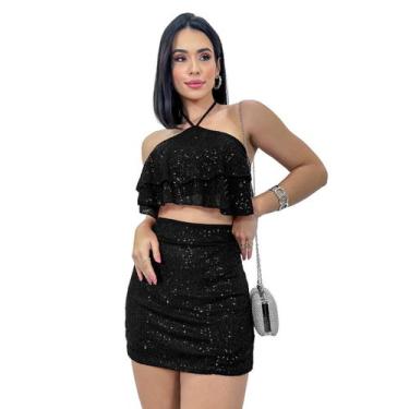 Imagem de Conjunto Short Saia Cropped Frente Unica Babado Brilho Festa - SWISS B