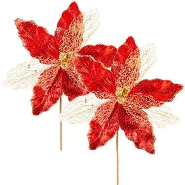 Imagem de Kit 10 Flores Artificiais para Arranjo Decorativo com Glitter Dourado Vermelho 29cm