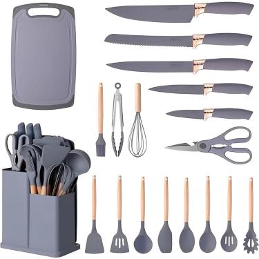 Imagem de Kit de Utensílios de Cozinha Silicone 19 Peças Cabo de Madeira Antiaderente com Espátul...