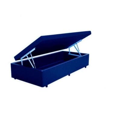 Imagem de Cama Box Baú Solteiro Suede Azul com Compartimento Interno e Pistões a Gás Estrutura em Madeira