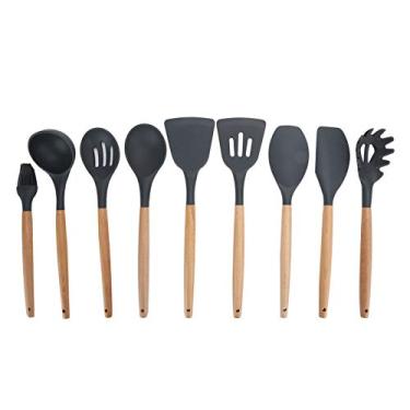 Imagem de 9 pçs/conjunto conjunto de utensílios de cozinha silicone kit de utensílios de cozinha antiaderentes utensílios de cozinha ferramenta de assar com cabo de madeira antiaderentes panelas conjunto de colher de pá de silicone