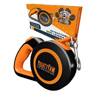 Imagem de Mighty Paw Coleira retrátil para cães 2.0 | Fita de nylon reflexiva resistente de 40 cm para animais de estimação de até 50 kg. Design sem embaraços com sistema de freio de trava rápida de um toque e alça antiderrapante. (laranja/padrão)