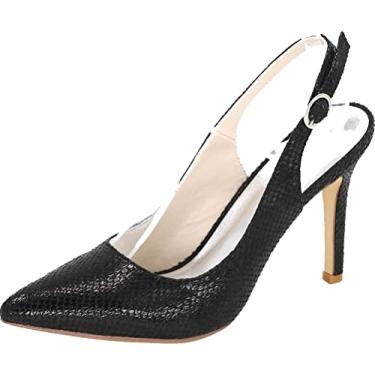 Imagem de A shoe store Sapatos femininos de salto de casamento com tira traseira de 9,8 cm bico fino Brvestido de festa noite PU salto de dama de honra fechado sem salto de pele de cobra, Preto, 7.5