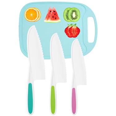 Imagem de DIKAKO Faca infantil de 3 peças com tábua de corte – Conjunto de facas infantis de nylon para cozinha – bordas serrilhadas e aderência firme adequada para cortar salada, frutas, bolo, alface (3 tamanhos e cores)