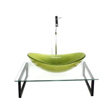 Imagem de KIT CUBA DE VIDRO OVAL 10MM VERDE OLIVA COM TAMPO 50CM INCOLOR E SUPORTE PRETO