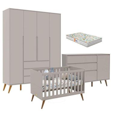 Imagem de Quarto de Bebê Retrô Clean 4 Portas com Berço Retrô Gold Cinza Soft Eco Wood com Colchão Gazin - Matic