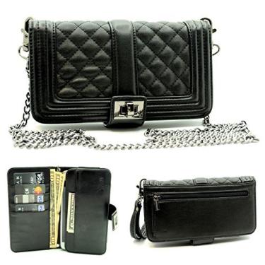 Imagem de Bolsa de mão ZZYBIA Crossbody/Wristlet 2 Way Moin Zip Mobile Case Carteira com Corrente longa Detechable para ajuste universal A maioria dos smartphones de até 6,5" x 3,5", Preto