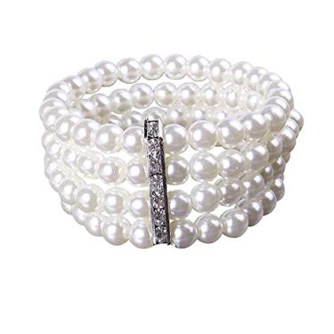 Imagem de Asphire Pulseira de pérolas sintéticas vintage 4 fileiras de pérolas elásticas multi-camadas pérolas pulseira elástica noiva joias de casamento anos 20 melindrosa acessórios de fantasia para mulheres,