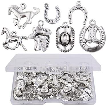 Imagem de 42 peças pingente tema cowboy ocidental prata antiga liga vintage cavalo de cowboy ferradura chapéu pingente pingente para pulseira faça você mesmo colar jóias fazendo suprimentos, Metal