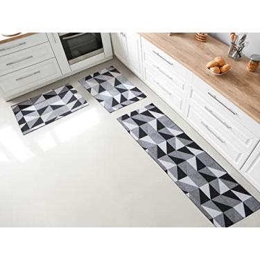 Imagem de Jogo Tapete para Cozinha Antiderrapante em Jacquard - 1,30x0,45m e 65x45cm (Triângulos Preto)