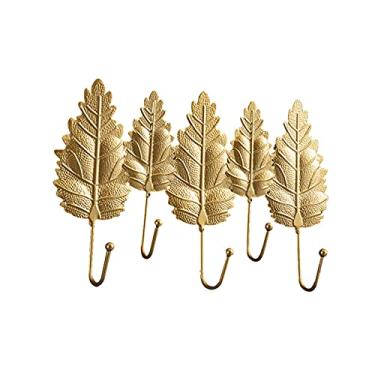 Imagem de KIZQYN Ganchos de Casaco Gancho Nórdico Bolsa Gancho Criativo Forma de Folha Dourada Rack de Casaco de Parede Cabide de Chave Não Perfura Decoração de Parede para Casa Rack de Cabide Montado na Parede (Cor: Latão)